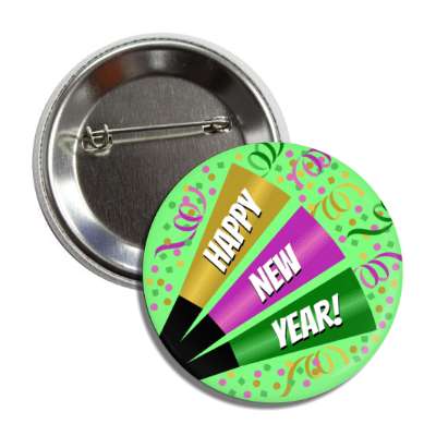 happy new year confetti party horn green button