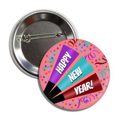 happy new year confetti party horn pink button