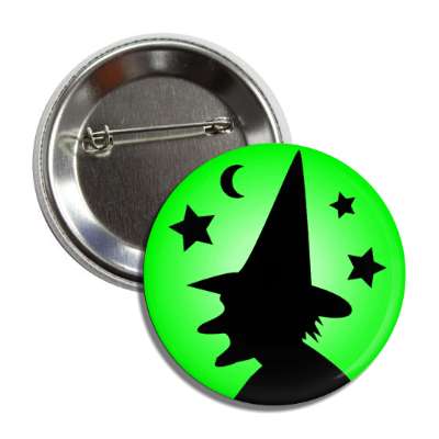 witch silhouette green stars moon button