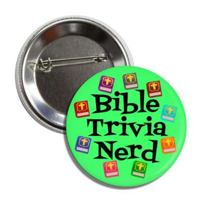 bible trivia nerd green multicolor bibles button