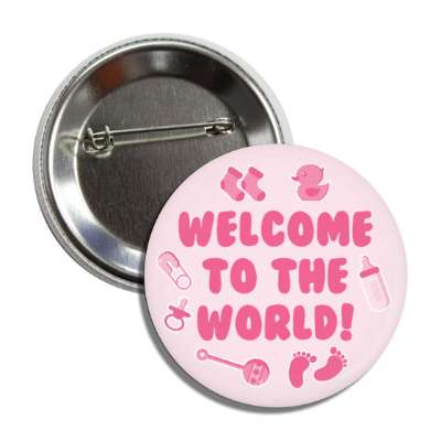 pink welcome to the world baby footprints rattle pacifier pin bottle rubber ducky socks button