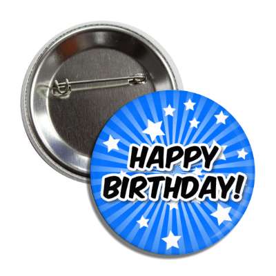 happy birthday bright blue star burst rays button