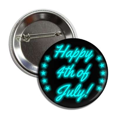 happy fourth of july cursive aqua color shadow stars button