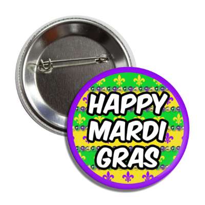 happy mardi gras beads purple border button