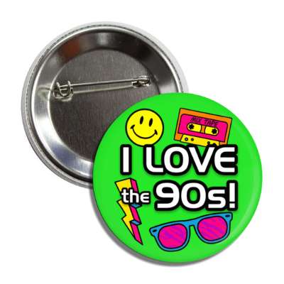 i love the 90s 1990s mix tape smiley face lightning bolt shades button