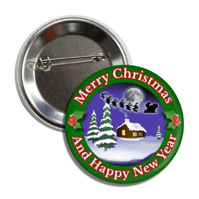merry christmas and happy new year santa reindeer house snow forest holly button