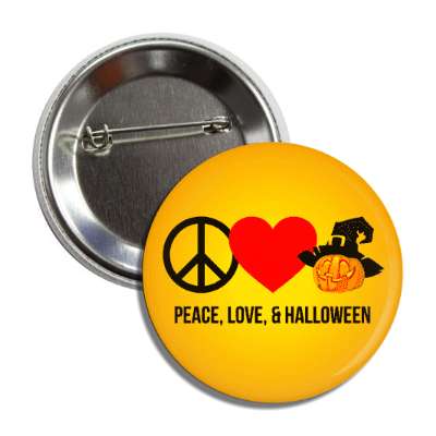 peace love and halloween symbols heart pumpkin witch hat button