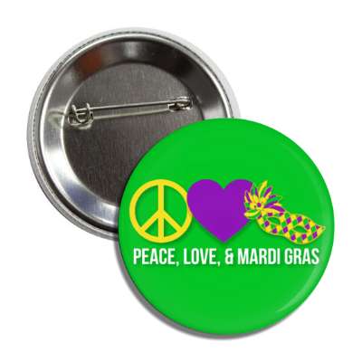 peace love and mardi gras heart masquerade mask green button