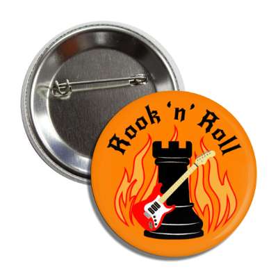 rook n roll wordplay rock and roll pun chess rook with electric guitar flames button