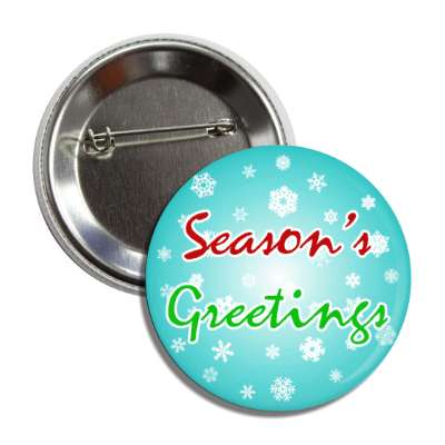 seasons greetings cursive aqua snowflakes button