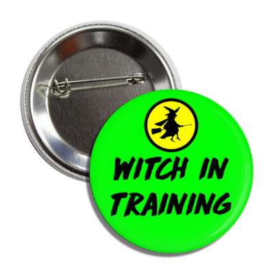 witch in training witch broom flying button